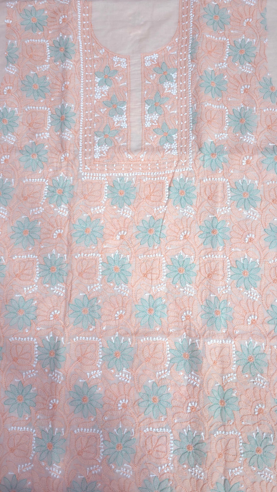 Lucknow Chikankari Hand Embroidered Cotton Dress Material with Tri-Color Motifs & Pure Chiffon Dupatta
