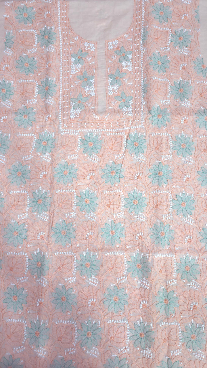 Lucknow Chikankari Hand Embroidered Cotton Dress Material with Tri-Color Motifs & Pure Chiffon Dupatta