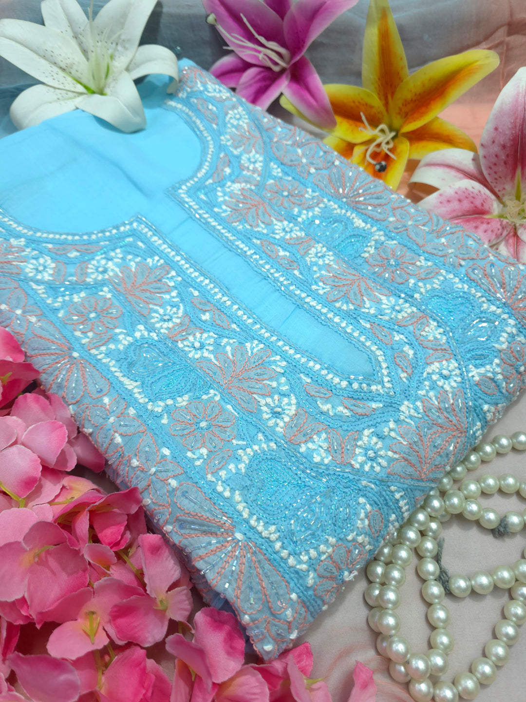 Paridhan Chikan Cotton Chikankari Unstitched Dress Material – 3 Pc Suit Set with Hand Embroidery & Pearl Work in Every Motif
