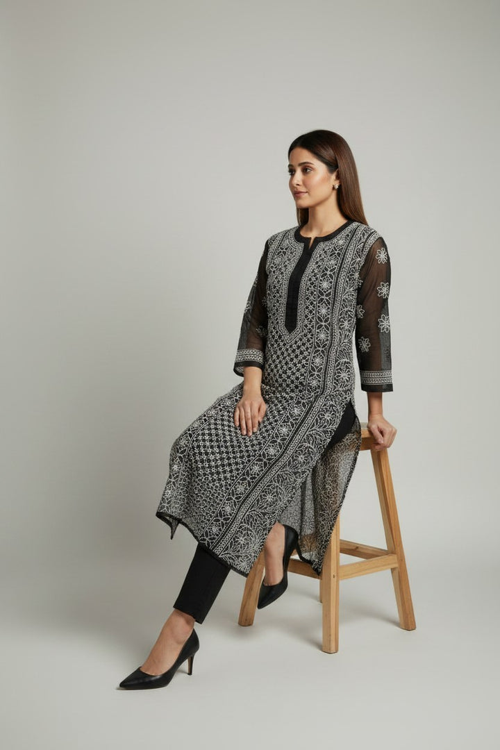 Mahi Women's Chikankari Georgette Full Embroidered Kurta | Hand Embroidered Lucknowi Ethnic Wear