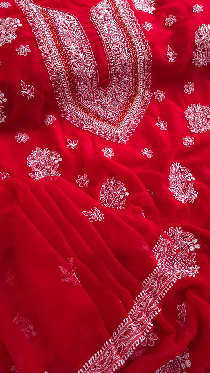 Alina Heavy Embellished Georgette Chikankari Unstitched Dress Material | Cutdana Handwork