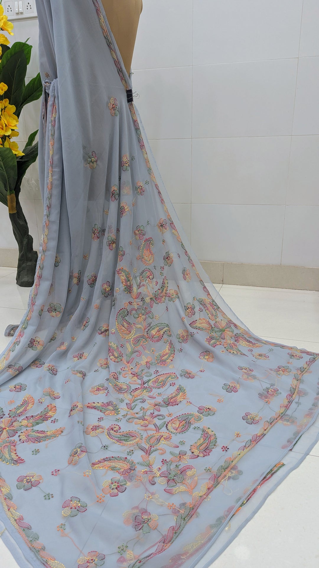 Faux Georgette Hand Chikankari Saree with Exclusive Border & Palla Design | Embroidered Blouse Included | Authentic Lucknow Handicraft by Paridhan Chikan