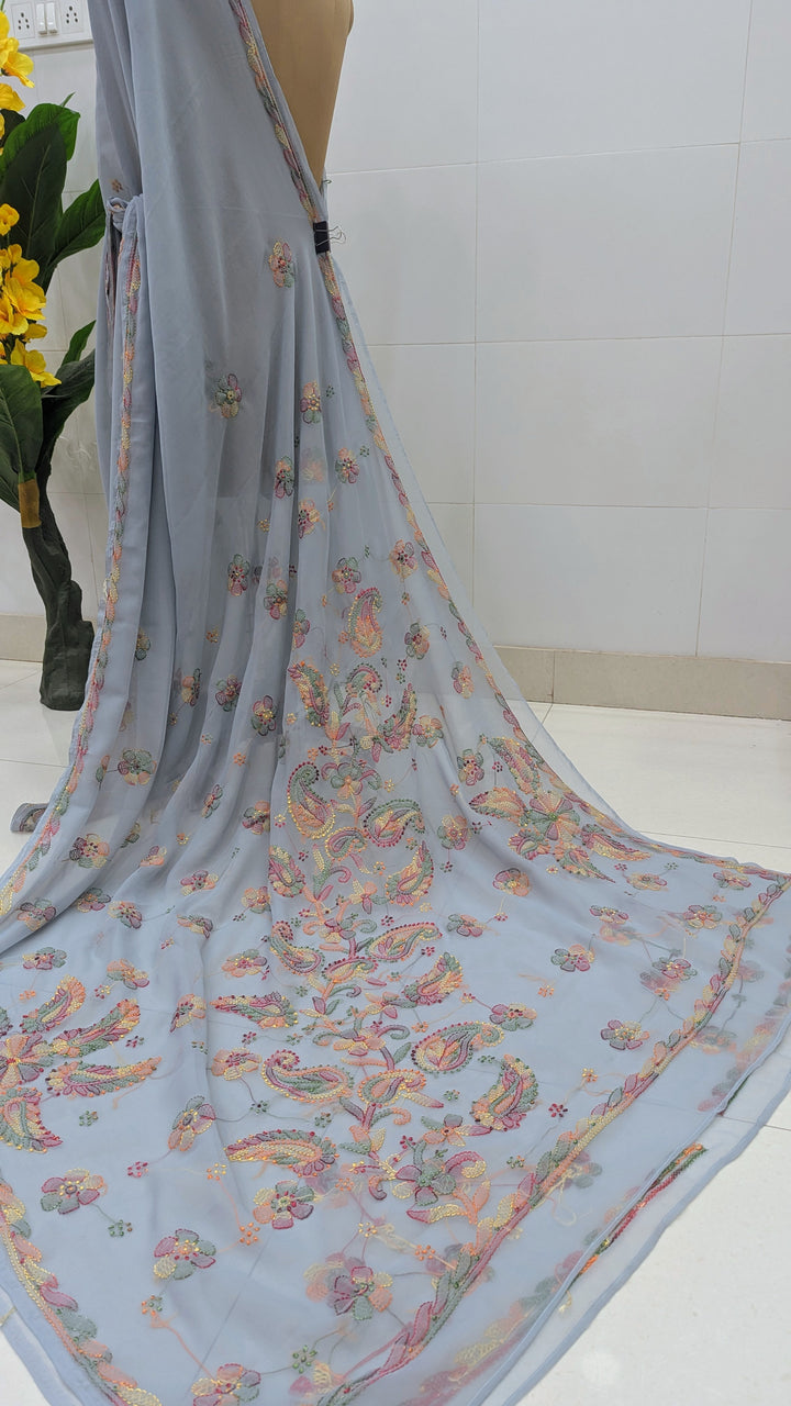Faux Georgette Hand Chikankari Saree with Exclusive Border & Palla Design | Embroidered Blouse Included | Authentic Lucknow Handicraft by Paridhan Chikan