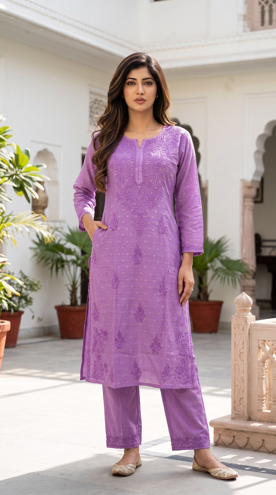Shanaya Banarasi Soft Chanderi Golden Buti Chikankari Kurta Bottom Set | Authentic Handcrafted Lucknowi Chikankari