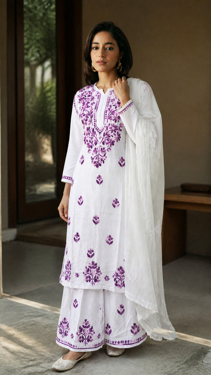 Ananya Rayon Colored Thread Chikankari Kurta Palazzo Dupatta Set | Lucknow Hand Embroidery | Paridhan Chikan