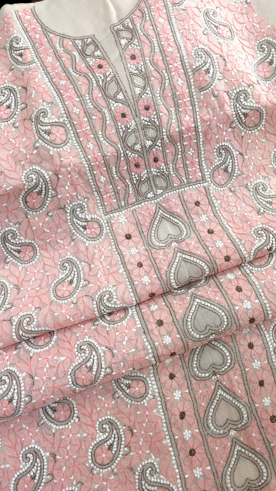 Lucknow Chikankari Hand Embroidered Cotton Dress Material with Tri-Color Motifs & Pure Chiffon Dupatta