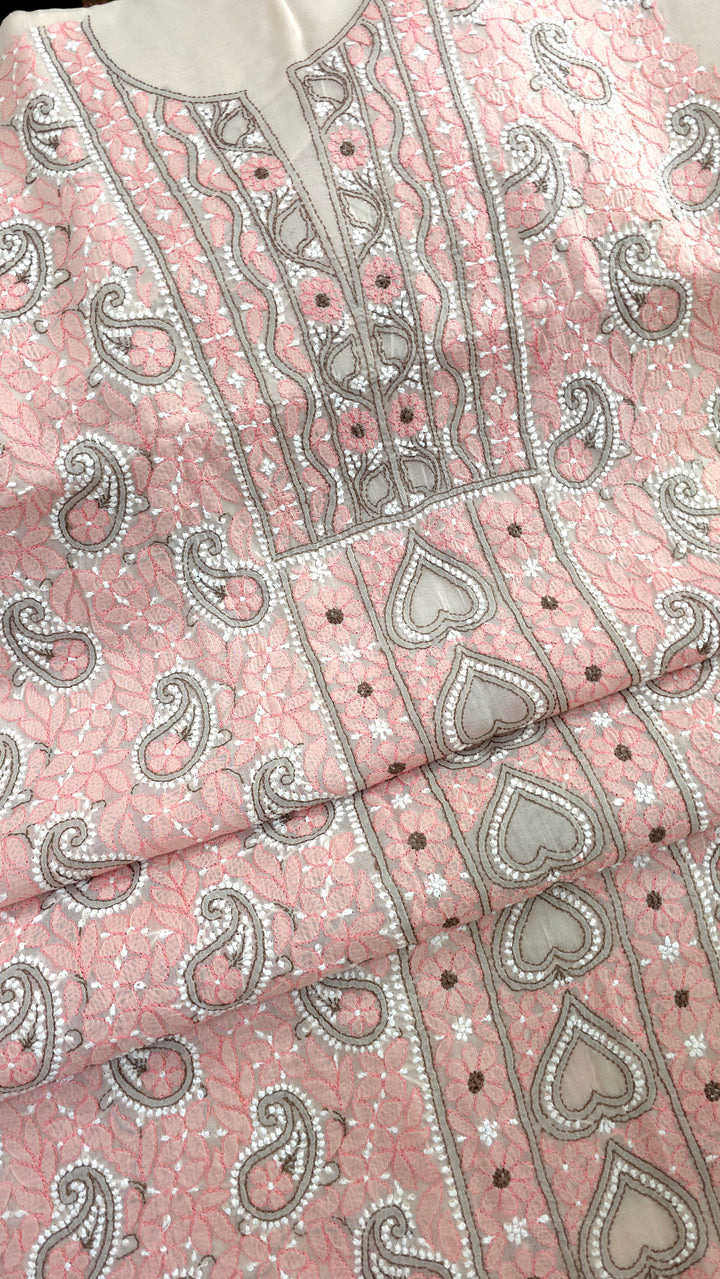 Lucknow Chikankari Hand Embroidered Cotton Dress Material with Tri-Color Motifs & Pure Chiffon Dupatta