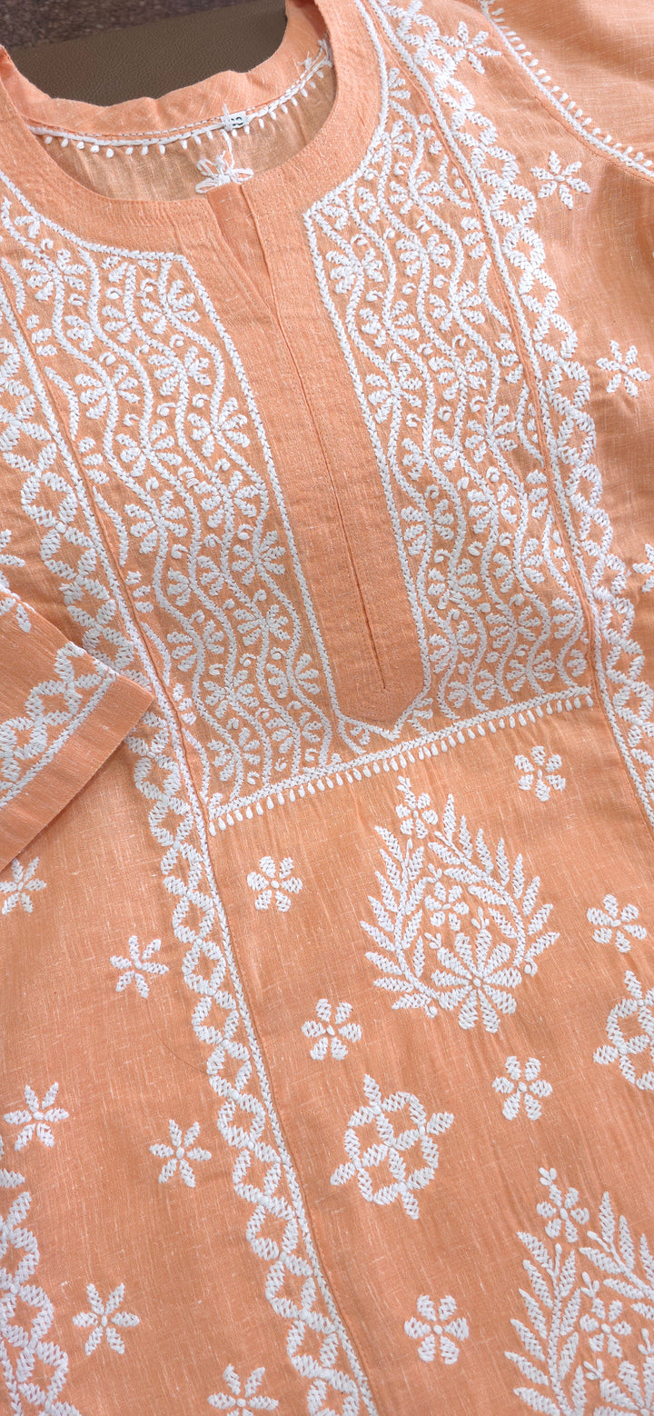 Hand Embroidery Chikankari Linen Kurti - Peach