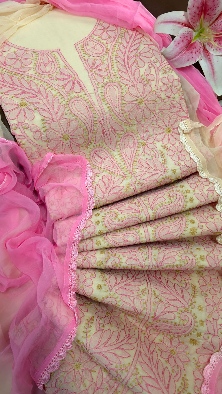 Lucknow Chikankari Hand Embroidered Cotton Dress Material with Tri-Color Motifs & Pure Chiffon Dupatta