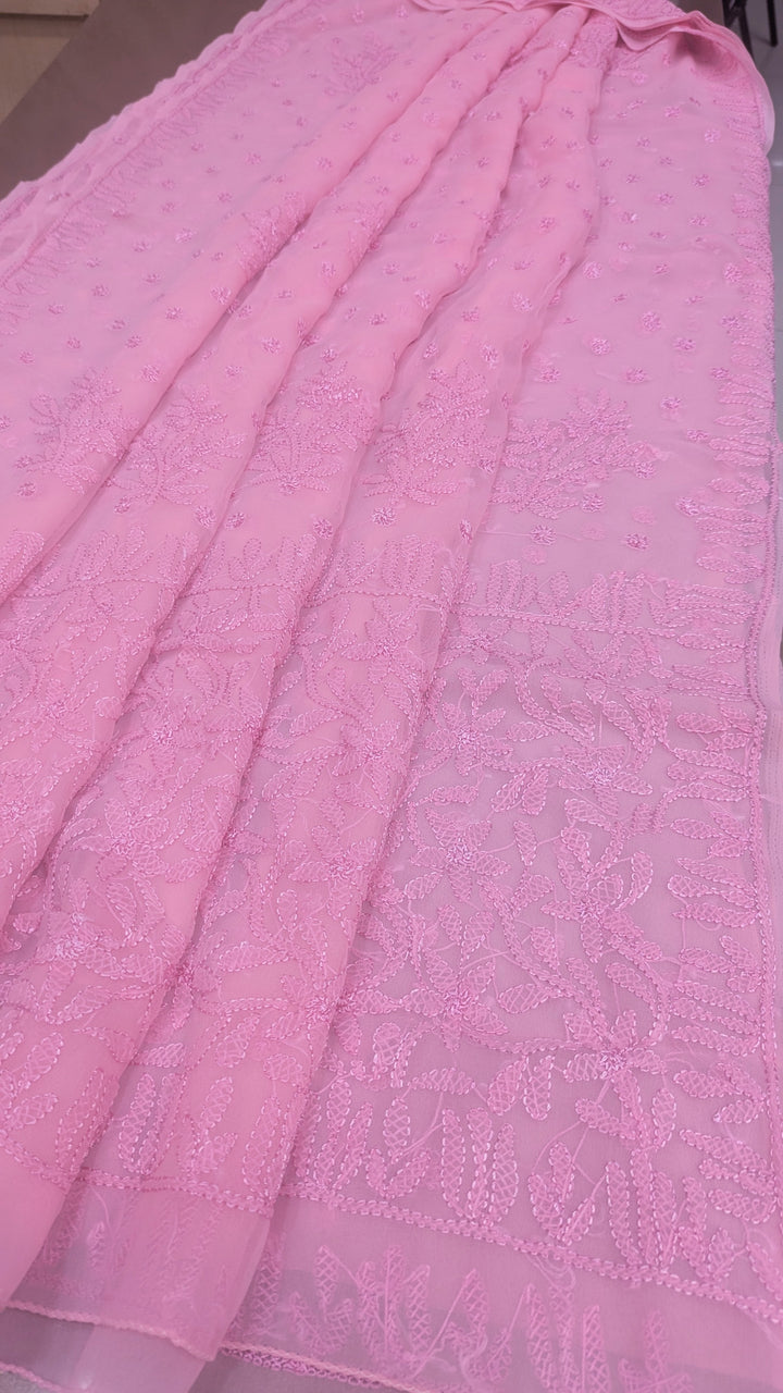 Faux Georgette Hand Chikankari Saree with Exclusive all over  Design | Embroidered Blouse Included | Authentic Lucknow Handicraft by Paridhan Chikan