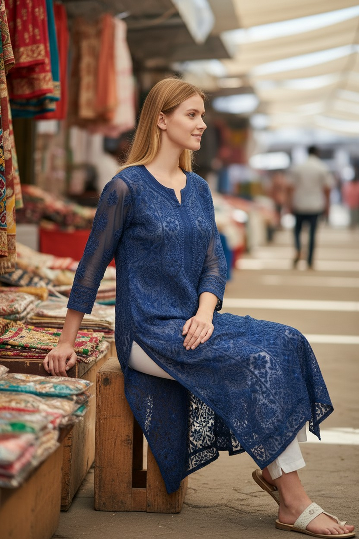Georgette chikankari long kurti