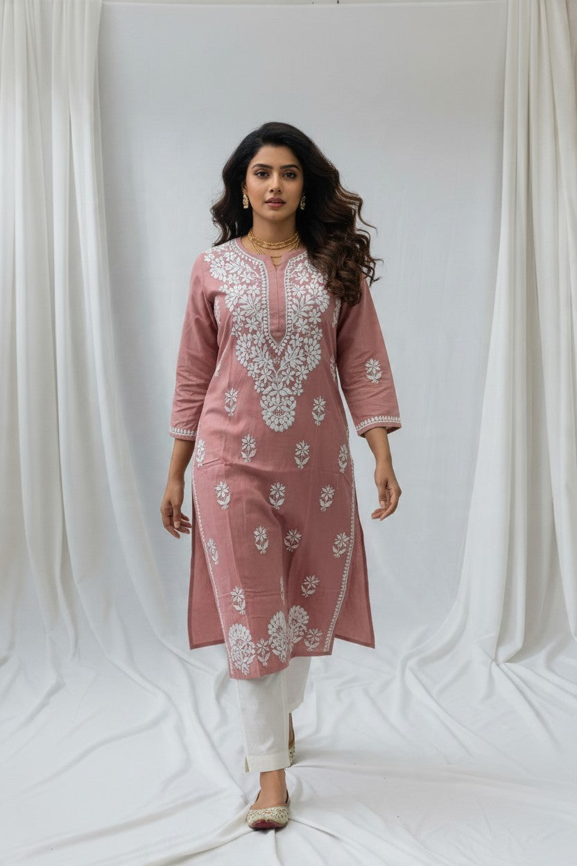 Saba Rayon Chikankari Hand Embroidered Kurti for Women | Premium Soft & Non-Transparent Fabric | 46 Inch Length | Lucknowi Chikan Kurta