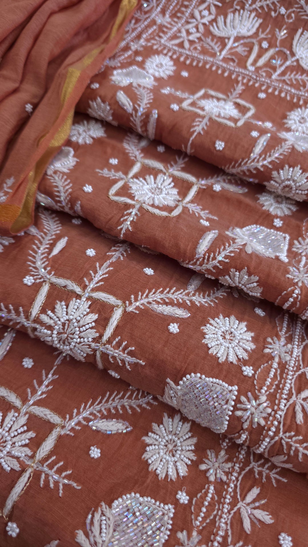 Premium Mul Chanderi Pearl, Cutdana & Kasab Hand Embroidered Unstitched Suit Set