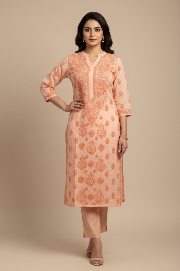 Pure Cotton Linen Lucknowi Chikankari Long Kurti | 100% Hand Embroidered | Non-Transparent | No Shrinkage