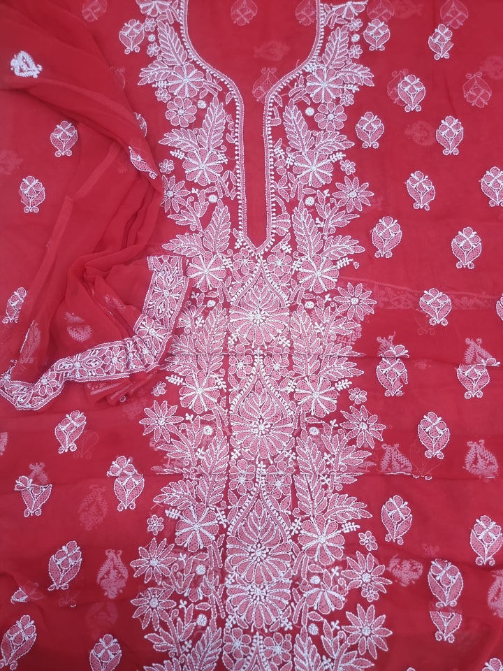 Lucknowi Georgette Chikankari Dress Material – Hand Embroidery Kurta, Bottom & Dupatta | Festive Queen Shades