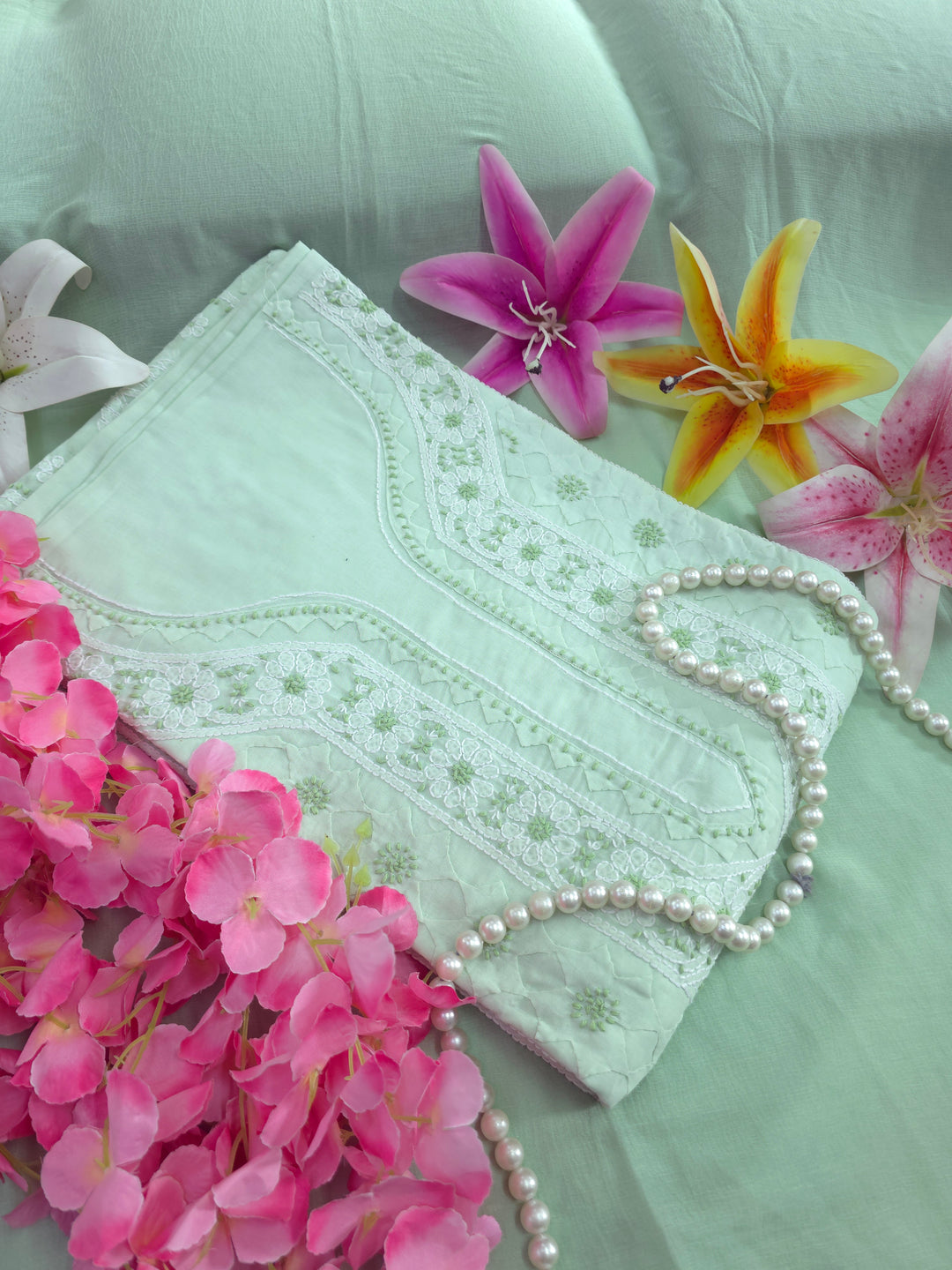 Darz Lucknowi Chikankari  Dress Material – Handmade Cotton Suit with Chiffon Dupatta
