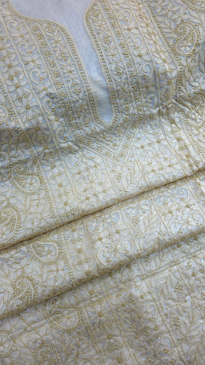 Pure Paper Silk Chikankari Fabric | Full Jaal Hand Embroidery Kurta Fabric for Women