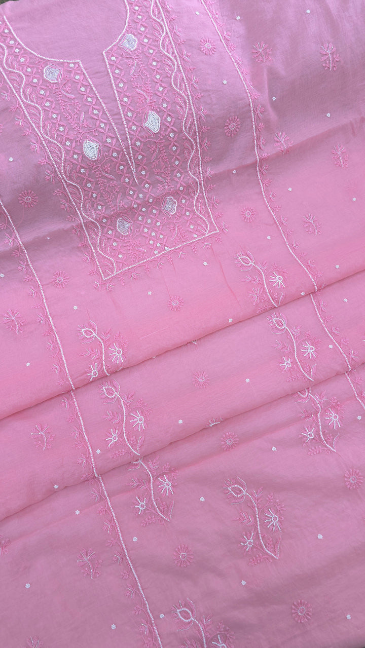 Premium Mul Chanderi Supersoft Dyeable Chikankari Dress Material | Hand Embroidered with Pearls & Cutdaana | Kurta & Dupatta Set