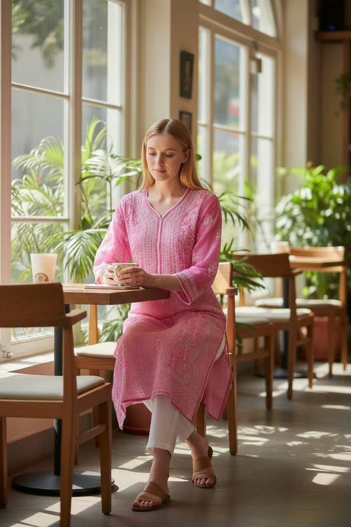 Georgette chikankari long kurti