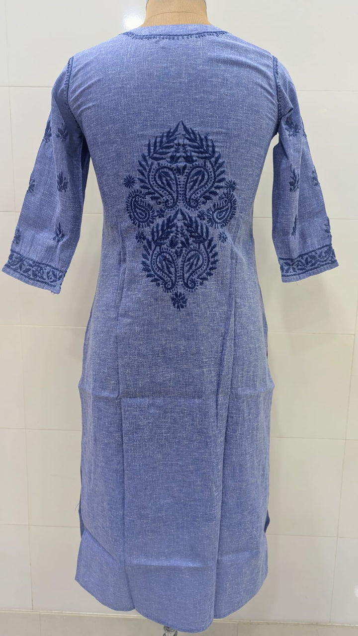 Pure Cotton Linen Lucknowi Chikankari Long Kurti | 100% Hand Embroidered | Non-Transparent | No Shrinkage