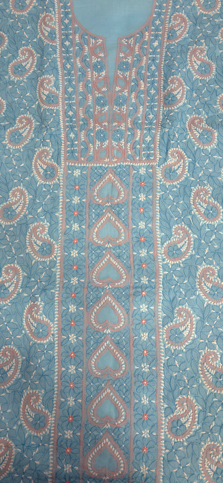 Lucknow Chikankari Hand Embroidered Cotton Dress Material with Tri-Color Motifs & Pure Chiffon Dupatta