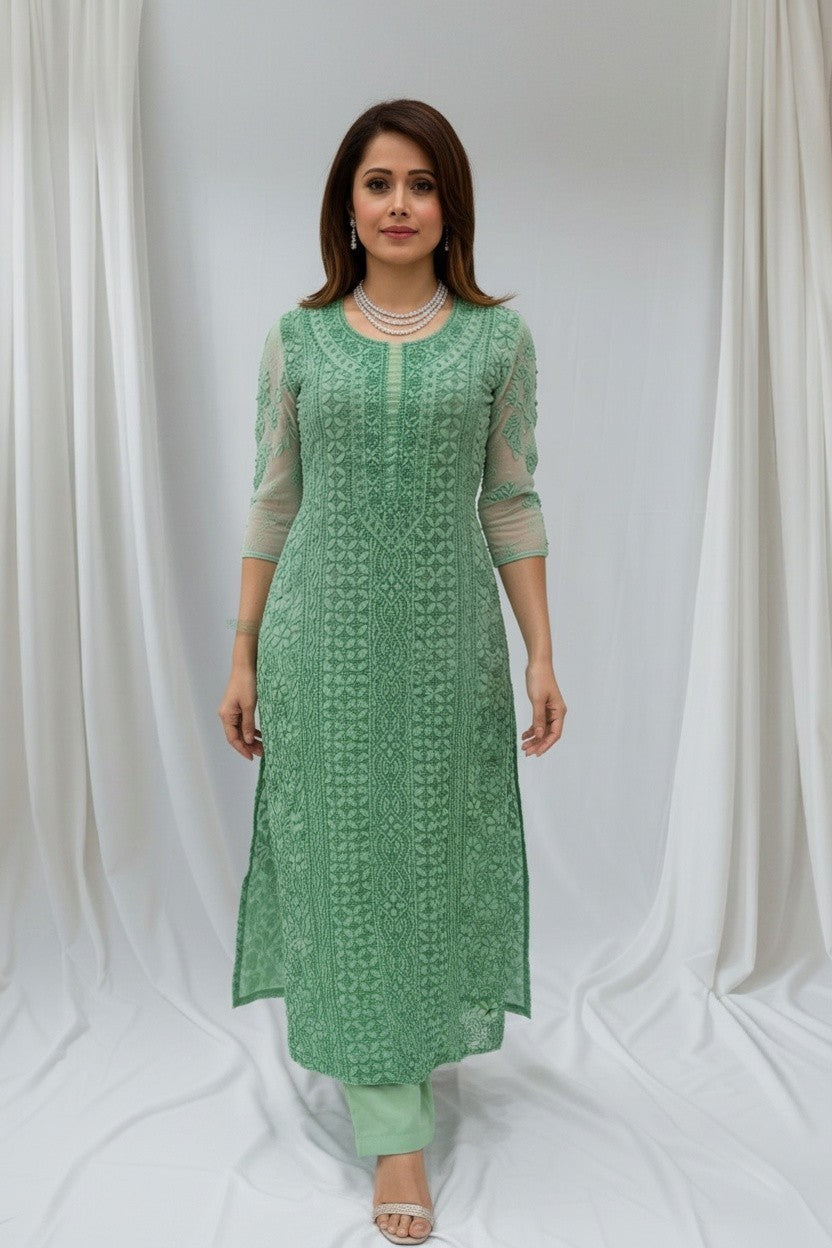 Faux Georgette Chikankari Hand Embroidered Unstitched Kurta Fabric – 3 Meter