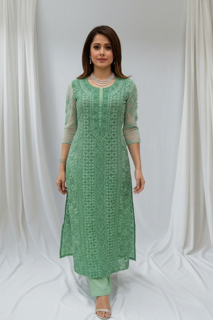 Faux Georgette Chikankari Hand Embroidered Unstitched Kurta Fabric – 3 Meter