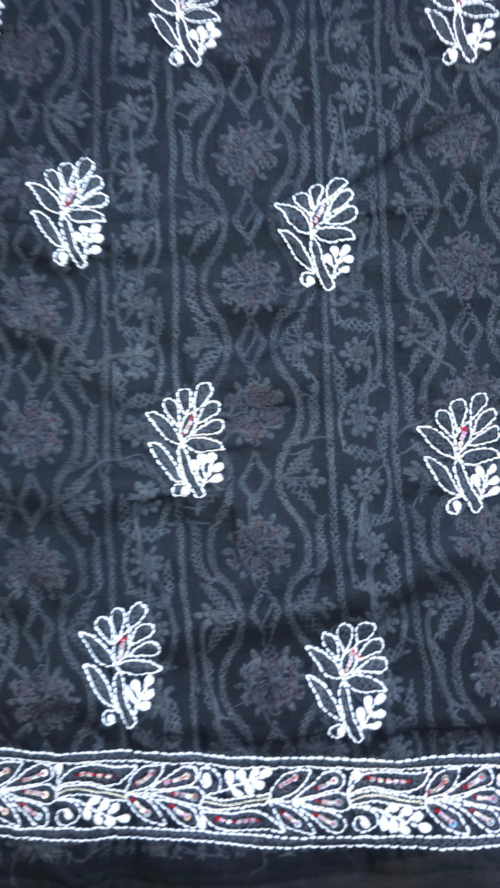 Premium Hand Embroidered Chikankari Cotton Unstitched Dress Material with Pure Chiffon Dupatta