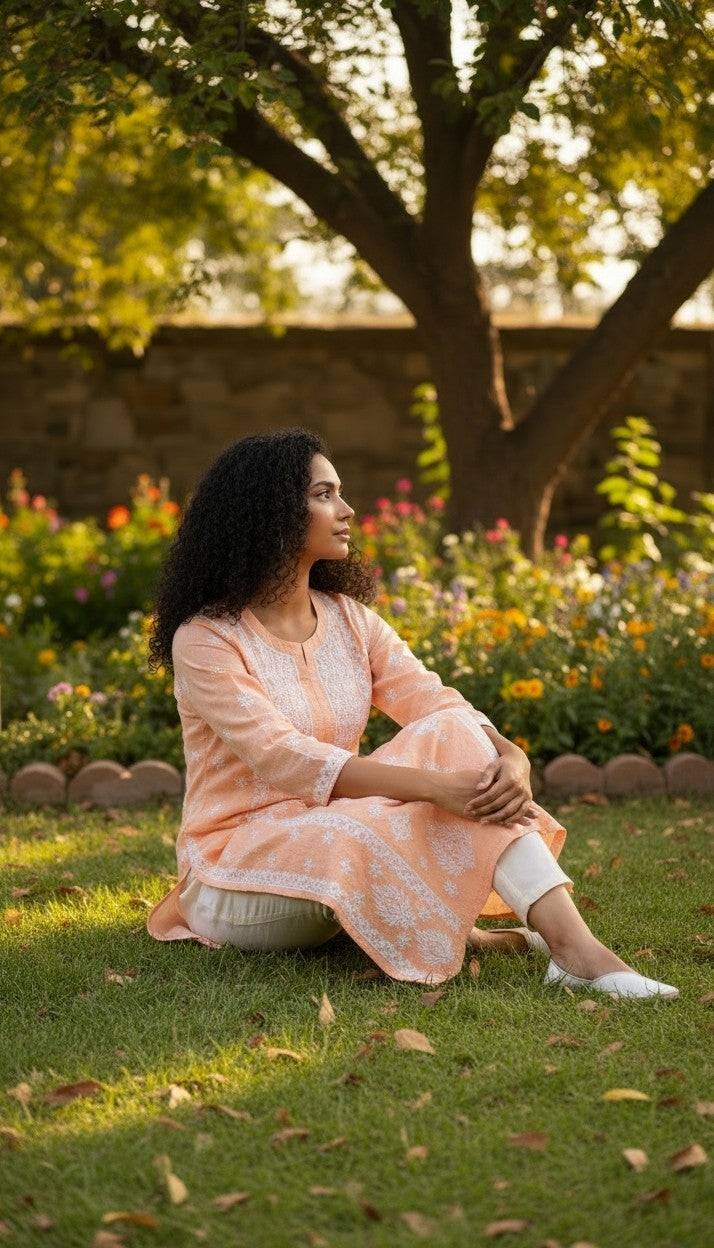 Hand Embroidery Chikankari Linen Kurti - Peach