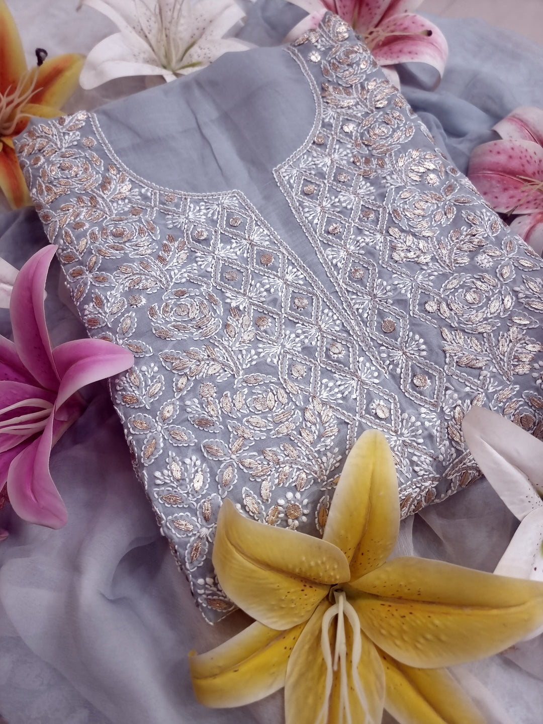 Grey Unstitched Soft Cotton Chikankari Suit Set – Aari, Kasab & Gotta Patti Embellished with Pure Chiffon Dupatta