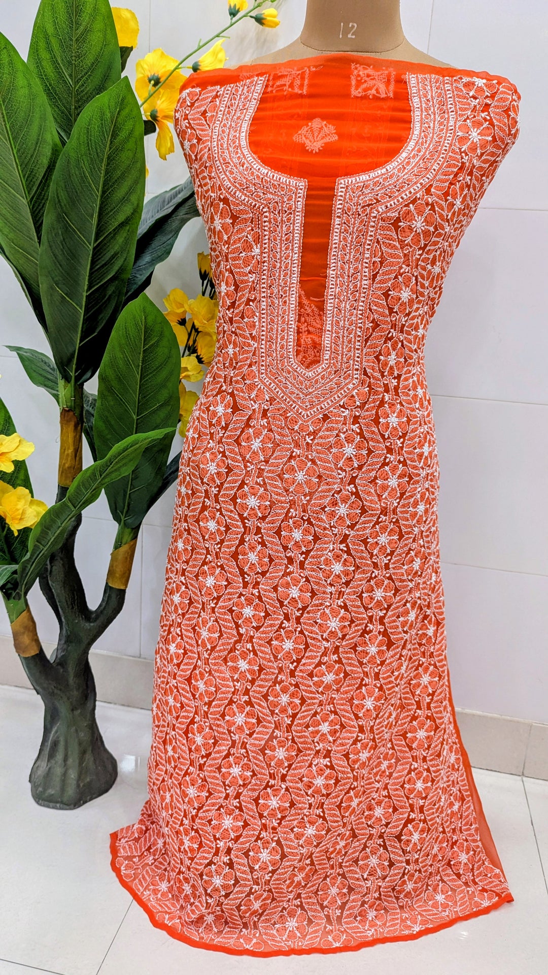 Faux Georgette Chikankari Hand Embroidered Unstitched Kurta Fabric – 3 Meter