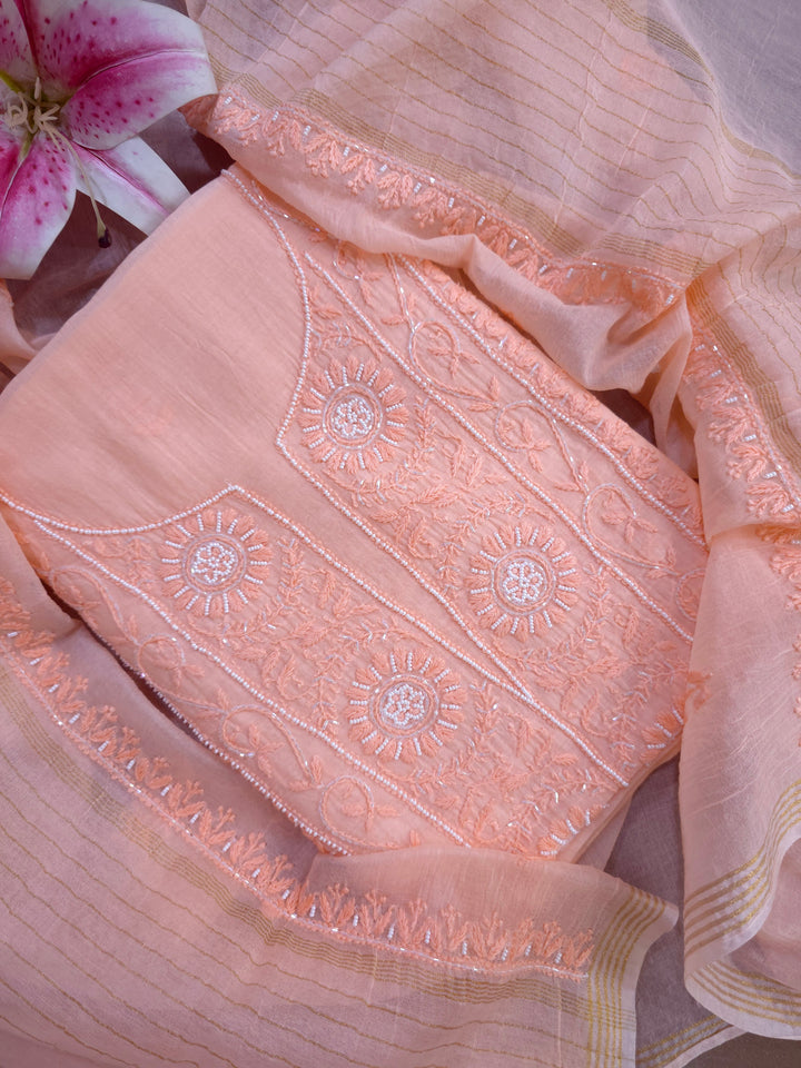 Hiba Premium Mul Chanderi Supersoft Dyeable Chikankari Dress Material | Hand Embroidered with Pearls & Cutdaana | Kurta & Dupatta Set