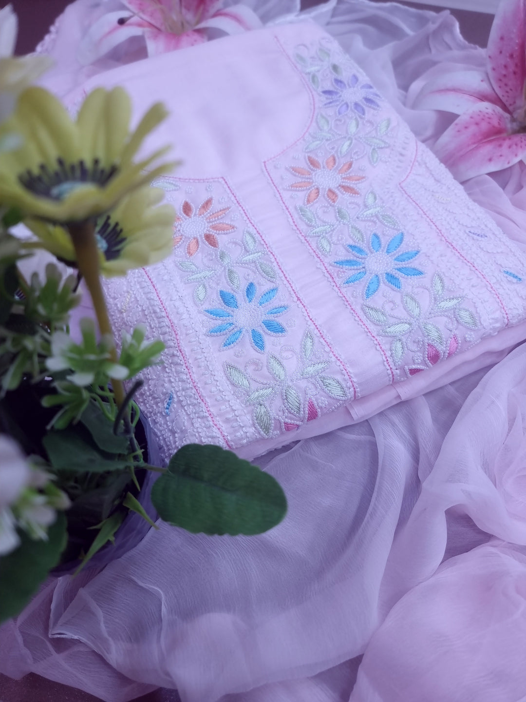 Cotton Resham Neckline chikankari dress material- Baby Pink