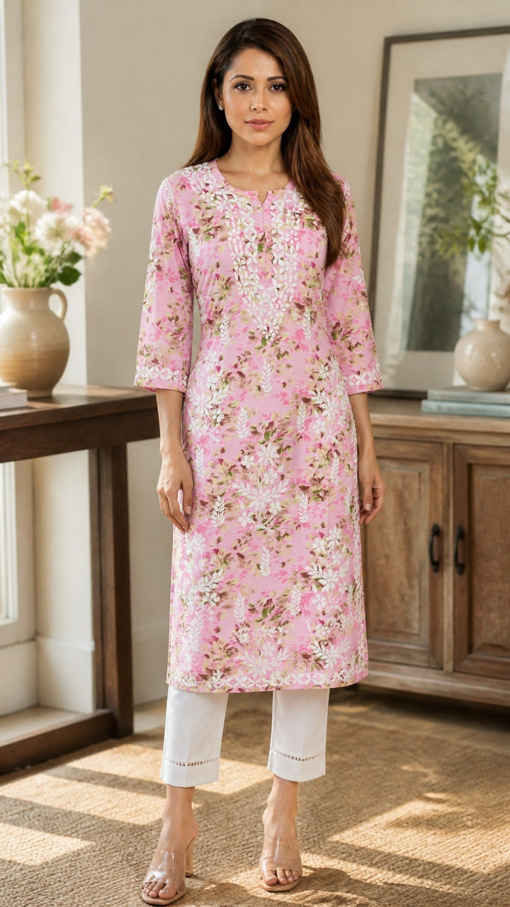 Nushraat Rayon Digital Print Lucknow Chikankari Hand Embroidered Kurti