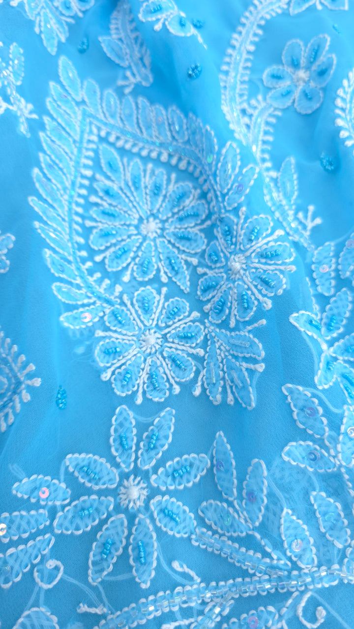 Pearl Chikankari Saree on Faux Georgette with Matching Blouse | Hand Embroidered Lucknowi Saree | Paridhan Chikan Heritage Collection