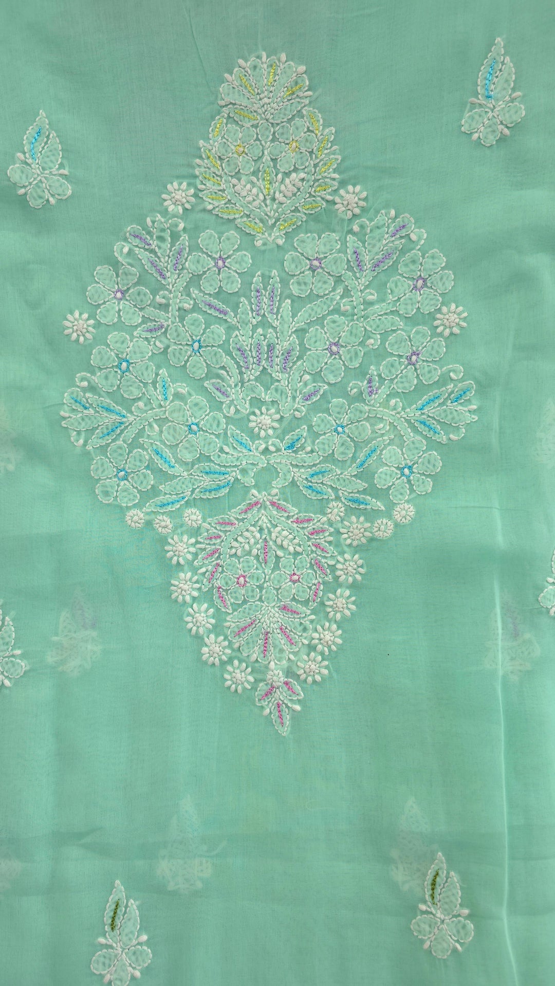 Cotton Resham Neckline chikankari dress material- Sea Green