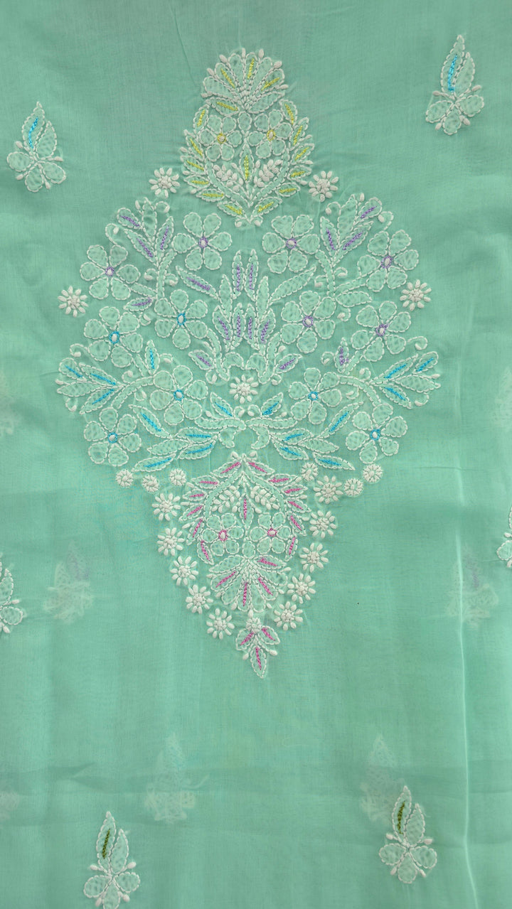 Cotton Resham Neckline chikankari dress material- Sea Green