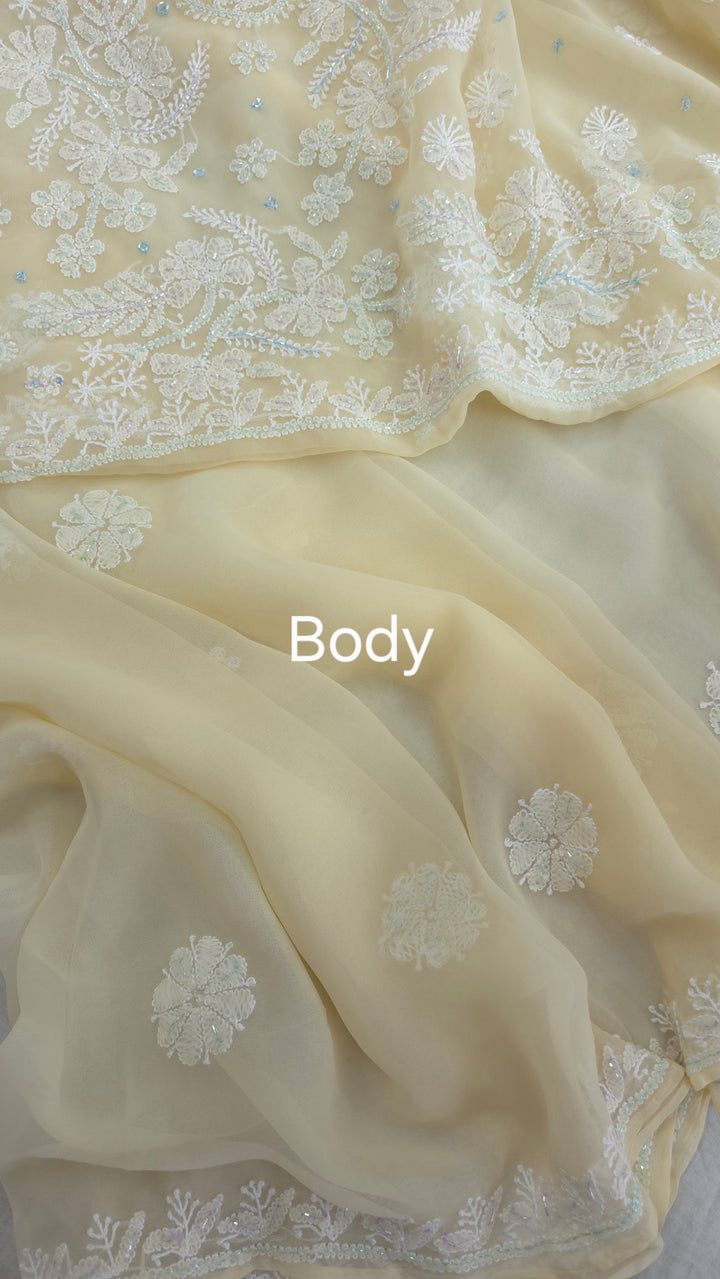 Pearl Chikankari Saree on Faux Georgette with Matching Blouse | Hand Embroidered Lucknowi Saree | Paridhan Chikan Heritage Collection