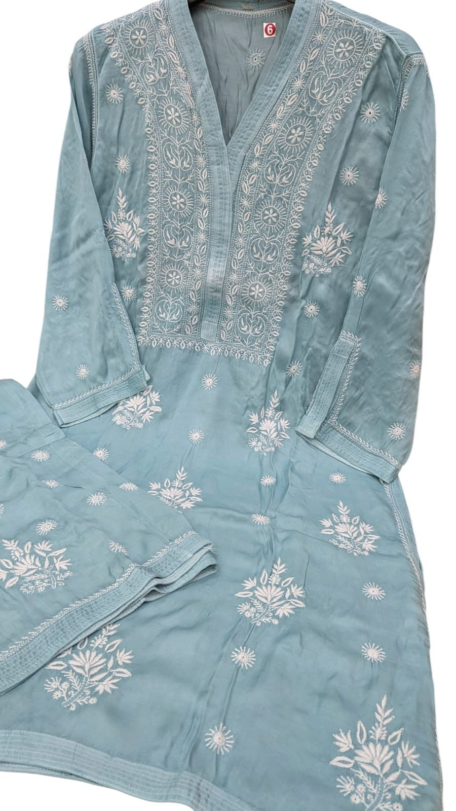 Luxe-Pure Modal satin luxurious kurti pants set with *2 taar chikankari work*
