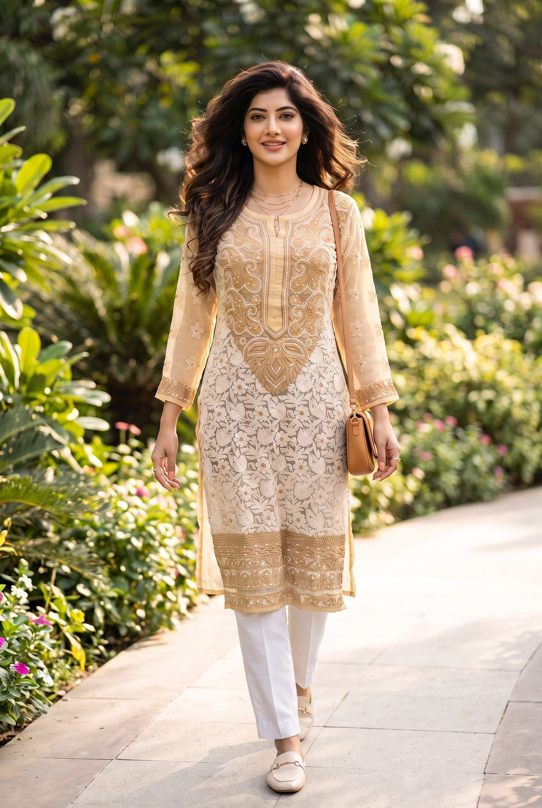 Georgette Lucknowi Chikankari 46" Long- front n back full embroidered Kurti | 100% Hand Embroidered| No Shrinkage