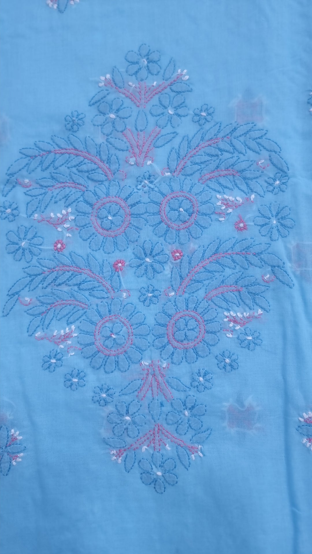 Lucknow Chikankari Hand Embroidered Cotton Dress Material with Tri-Color Motifs & Pure Chiffon Dupatta