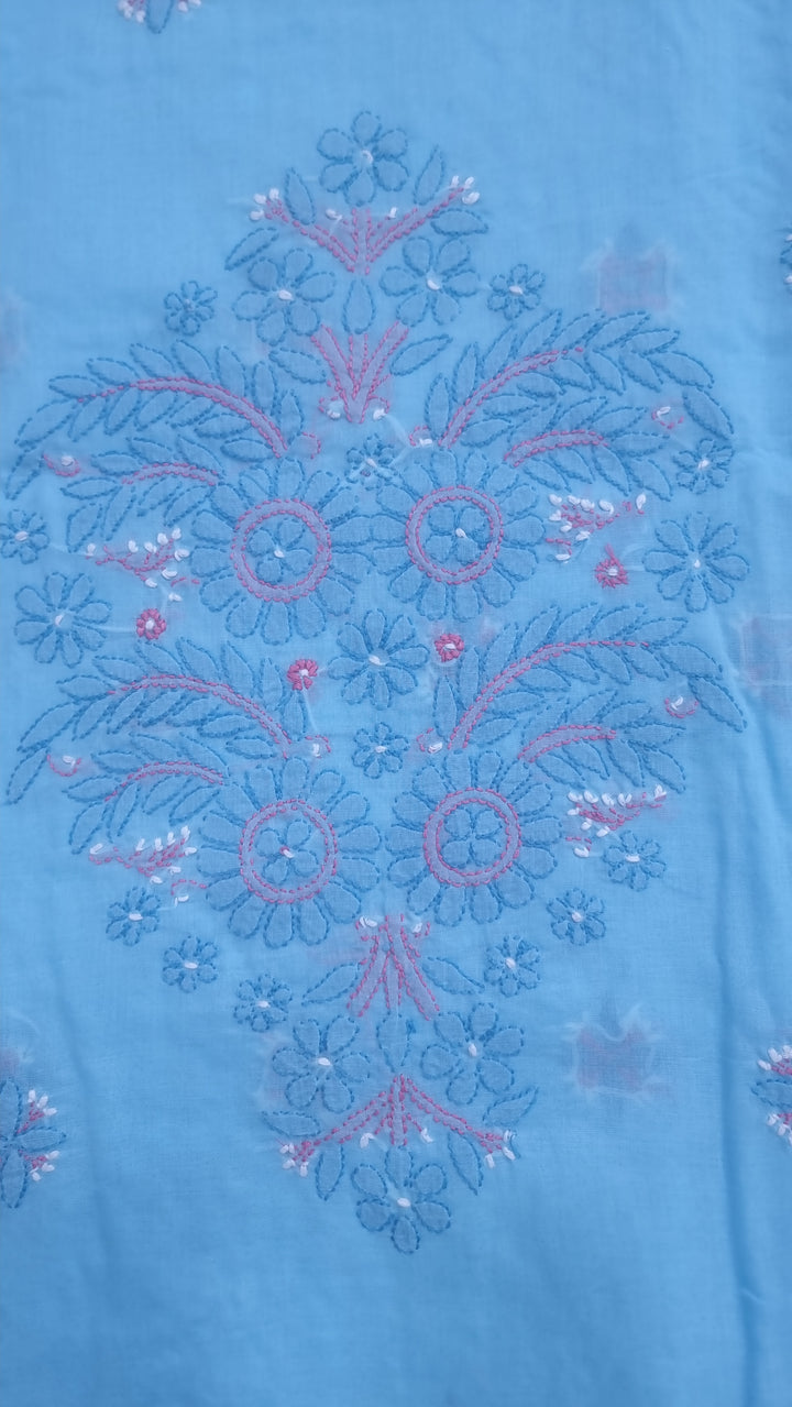 Lucknow Chikankari Hand Embroidered Cotton Dress Material with Tri-Color Motifs & Pure Chiffon Dupatta