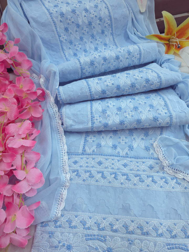 Darz Lucknowi Chikankari  Dress Material – Handmade Cotton Suit with Chiffon Dupatta