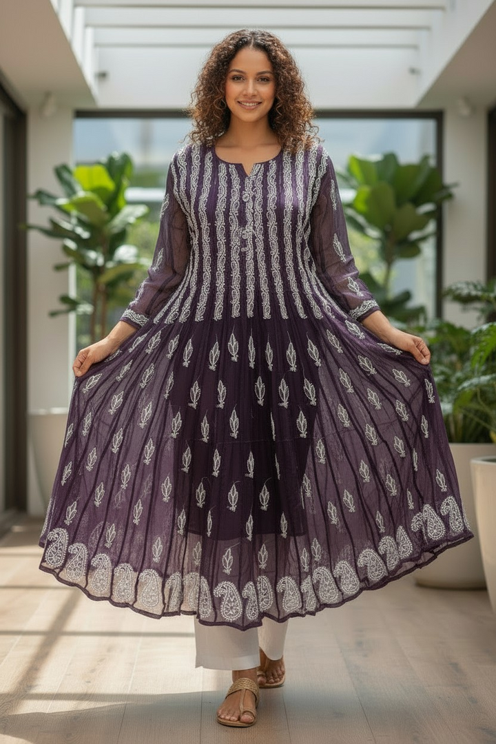 Georgette Lucknowi Chikankari 50" Long Anarkali Kurti | 100% Hand Embroidered| No Shrinkage