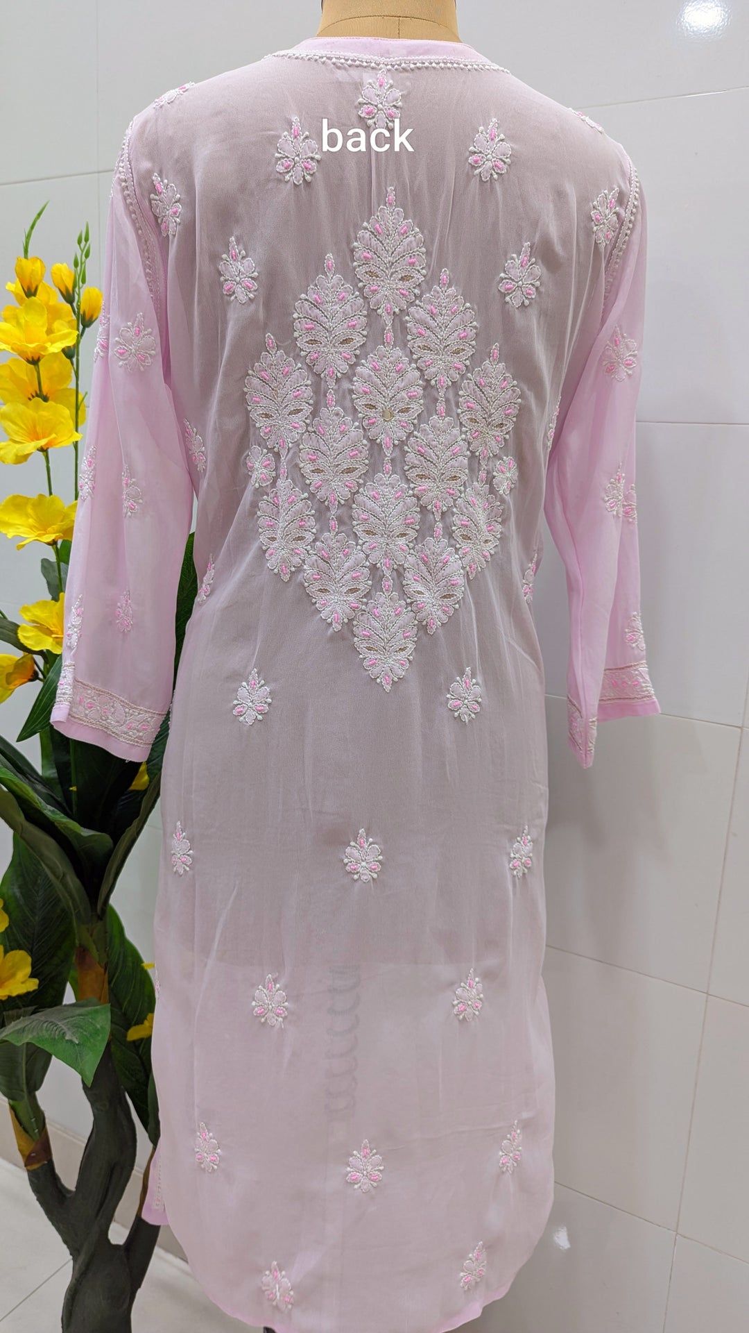 Raha Women’s Georgette Chikankari Kurti –Pearl, mirror n aari work -Designer Hand Embroidered Lucknowi Craft by Paridhan Chikan