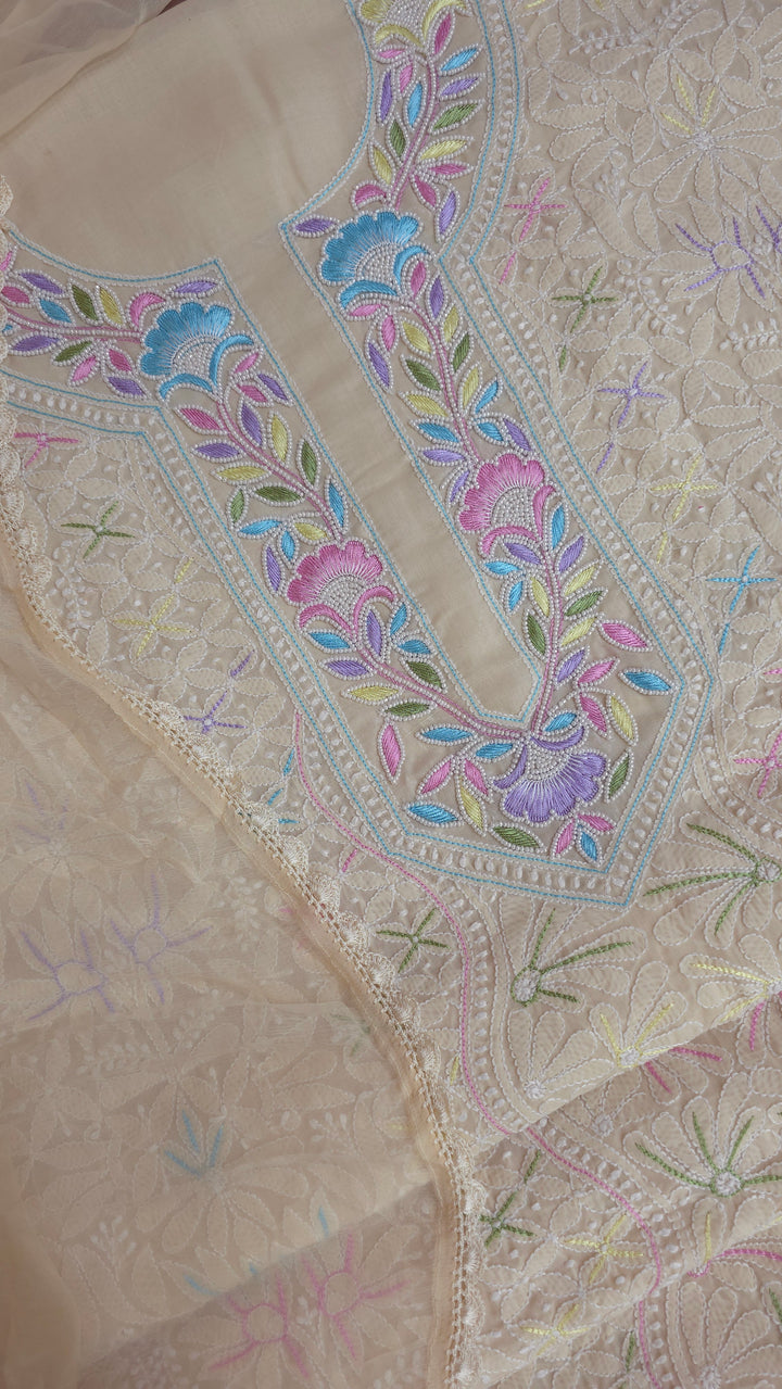 Nafasat Cotton Resham Neckline chikankari dress material