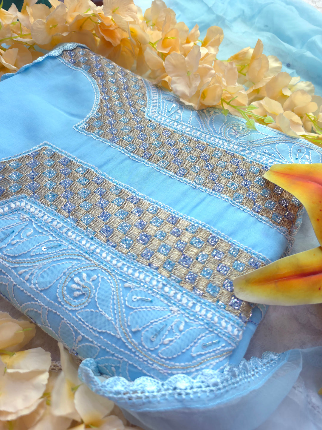 Afreen Premium Hand Embroidered Chikankari Cotton Unstitched Dress Material with Pure Chiffon Dupatta