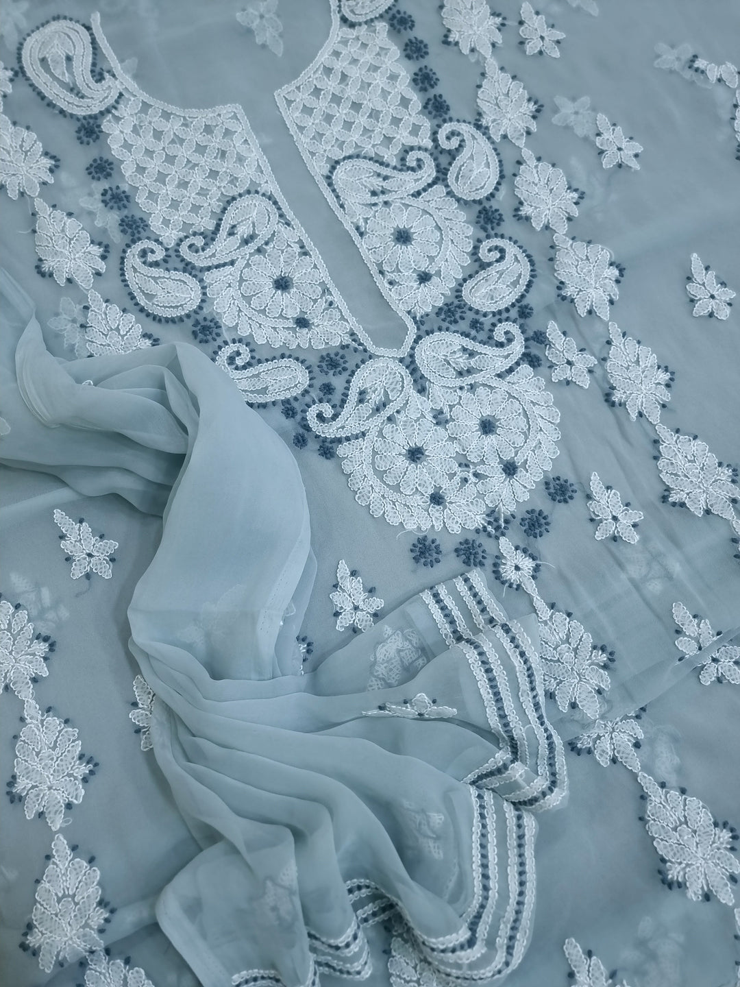 Chikankari Lucknowi Georgette Dress Material – Kurta 3m, Bottom 2.5m & Dupatta 2.5m | Panel Design