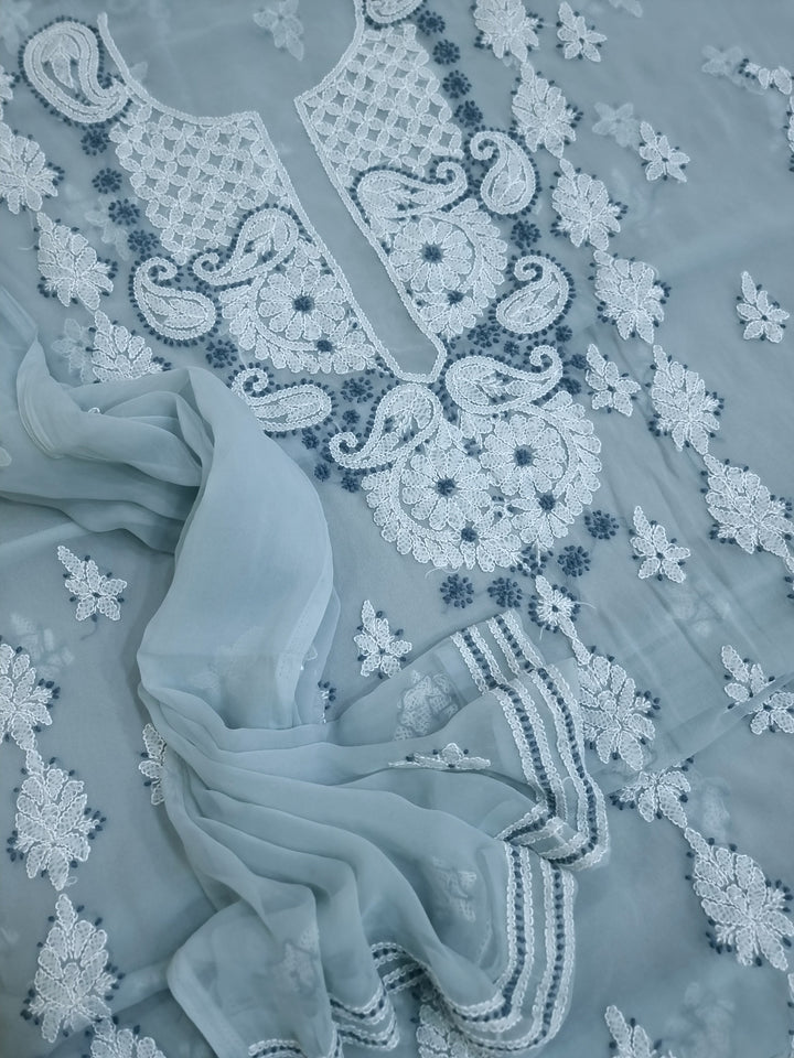 Chikankari Lucknowi Georgette Dress Material – Kurta 3m, Bottom 2.5m & Dupatta 2.5m | Panel Design