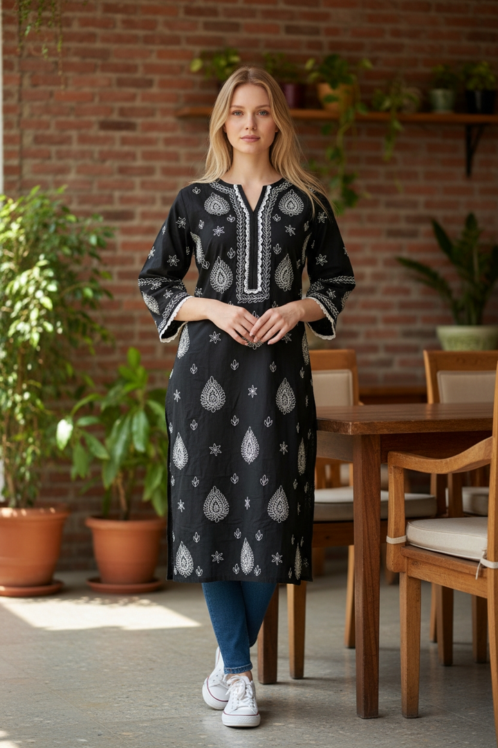 Cotton Chikankari Hand Embroidered Kurti for Women | Premium Soft  | 44 Inch Length | Lucknowi Chikan Kurta